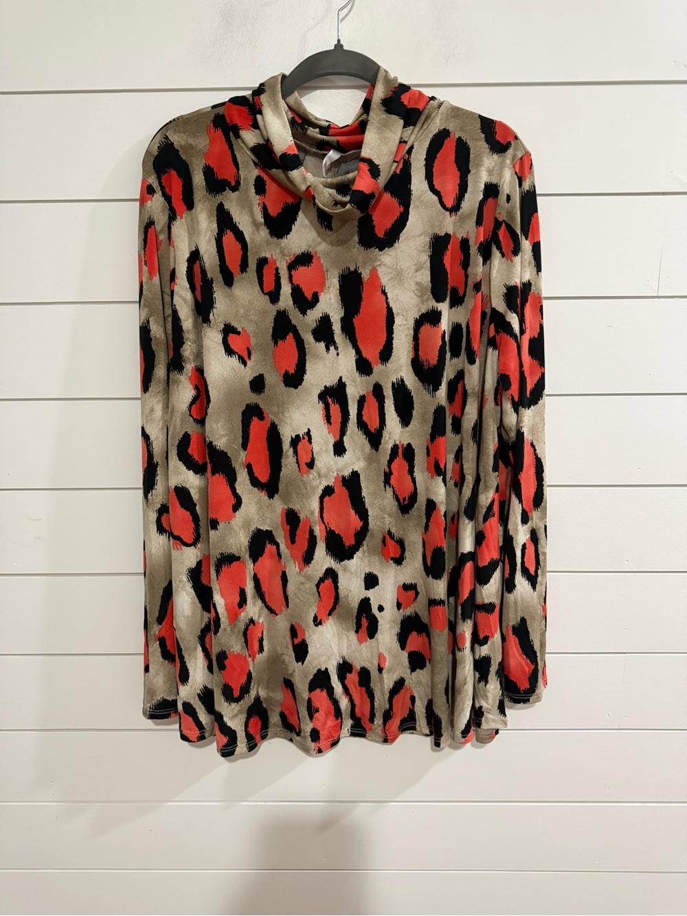 Coral Leopard Print Cowl Neck Long Sleeve Top